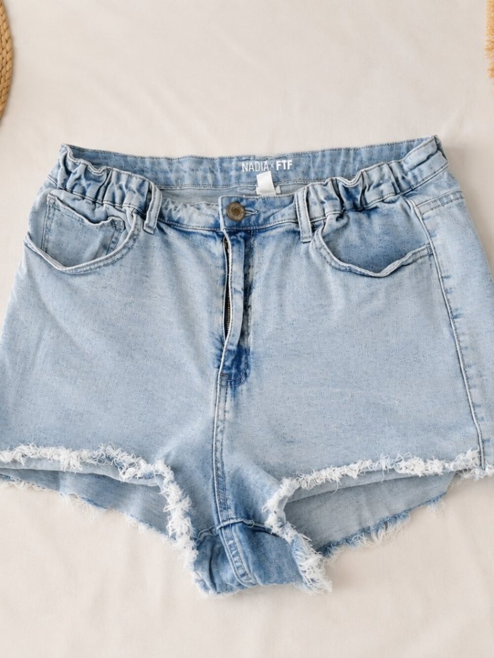 Nadia x Fashion to Figure Christine Light Wash Raw Hem Denim Shorts in Size 14